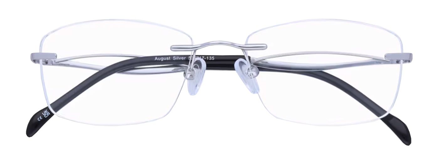 An extra-small rimless frame with rubber nose pads. It has a classic rectangular shape. The silver-coloured metal temples feature a unique curved split design. The frame is folded up.