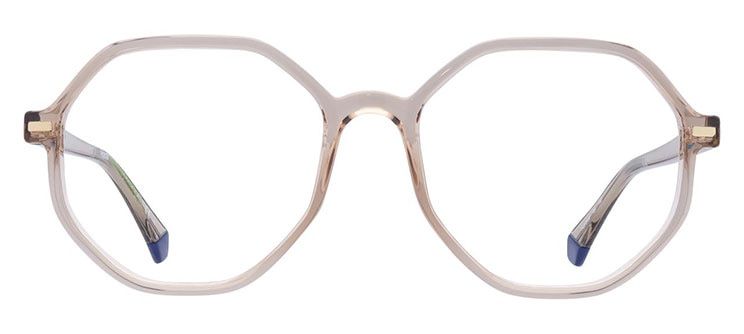 A nude-coloured acetate frame with a front that's octagonal-shaped