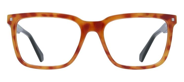 A square acetate frame with an orange havana front and dark grey arms