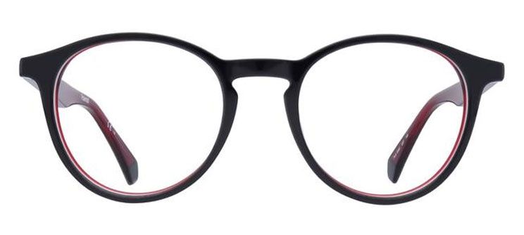 A round acetate frame that's black on the outside and red on the inside