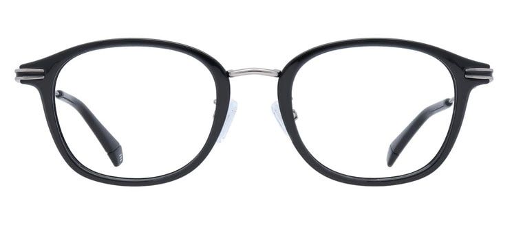 A round frame made from black acetate, with a metal bridge and metal arms