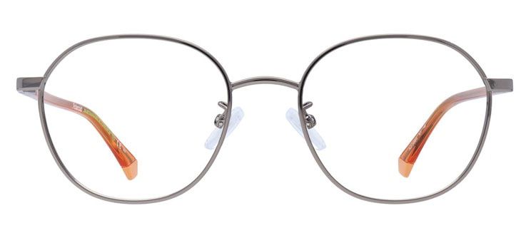 A round grey metal frame with orange temple tips