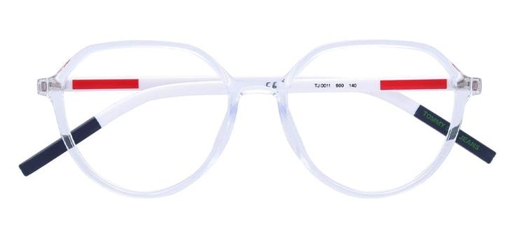 A transparent round frame with red and black details on the arms