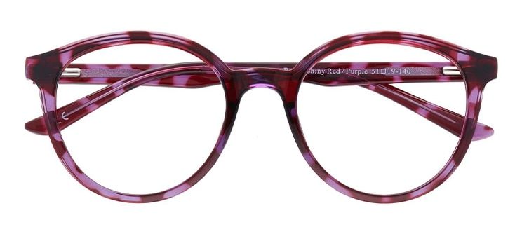 A round acetate frame with a pink marble pattern