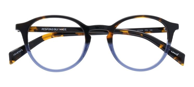 A round, two-toned acetate frame. The top half is a tortoiseshell colour, the bottom half is blue.