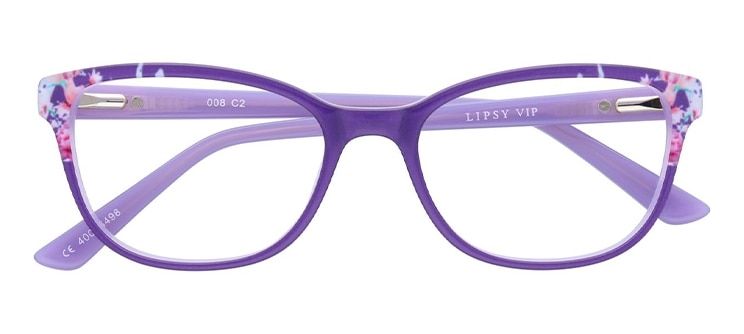 A purple cat-eye frame with pink flower details at the edges