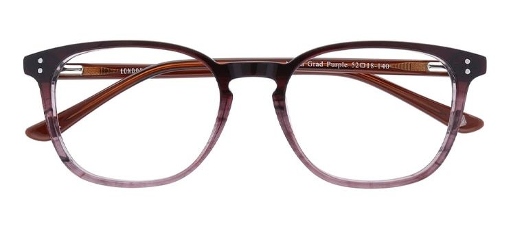 An oval acetate frame in brownish purple. The colour is dark at the top and gradually lightens towards the bottom.