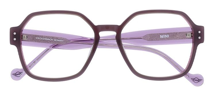 A large angular acetate frame with a dark purple front and light purple arms