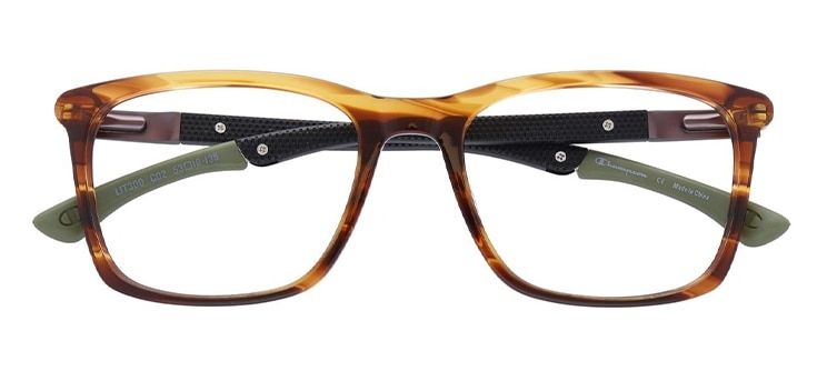 A square acetate frame with a brown horn coloured front and black arms with green tips