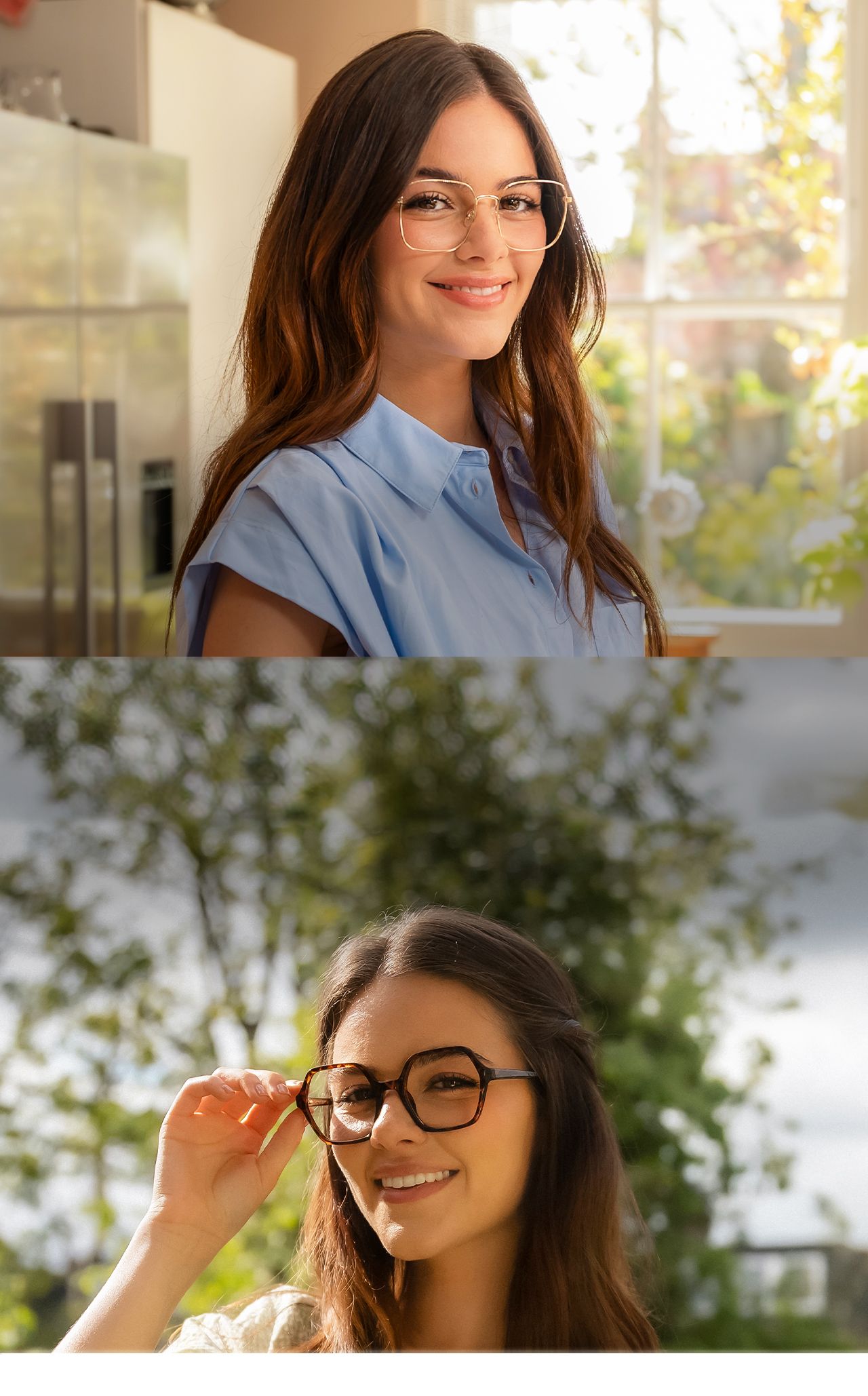 Two smiling women wearing glasses, one indoors and one outdoors