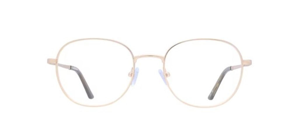 Large phantos-style glasses in a sleek gold-tone with rubber nose pads and brown plastic tips.