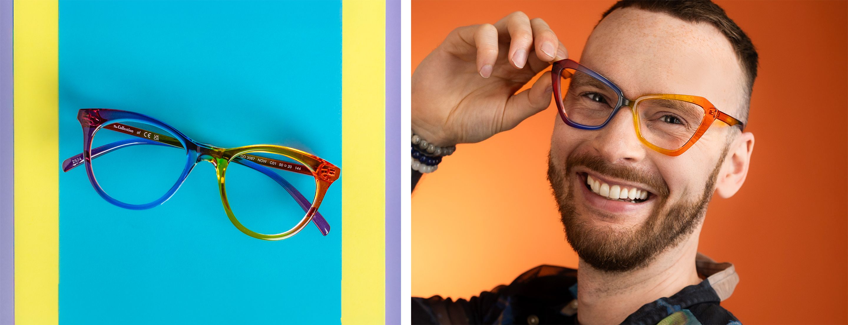 A man with a beard wearing Pride Notice glasses with Now frames displayed next to him
