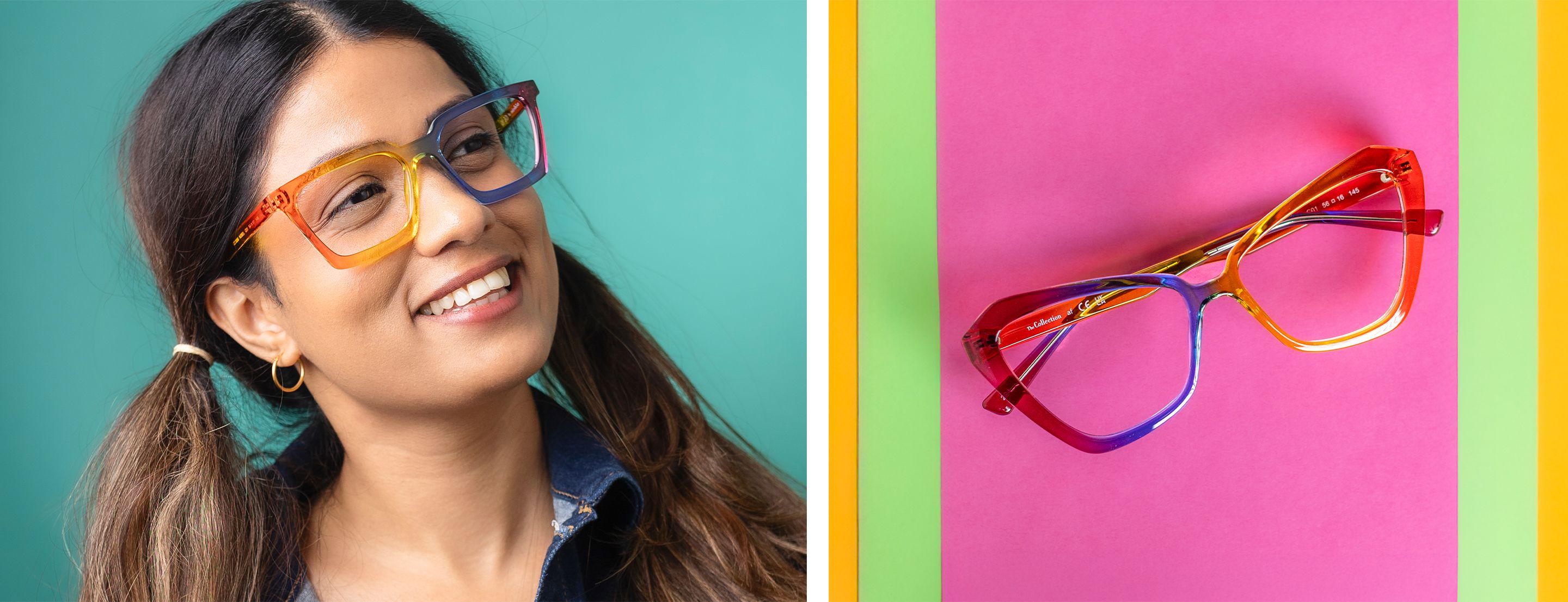 A woman with pigtails wearing Pride Nobel glasses with Notice frames displayed next to her