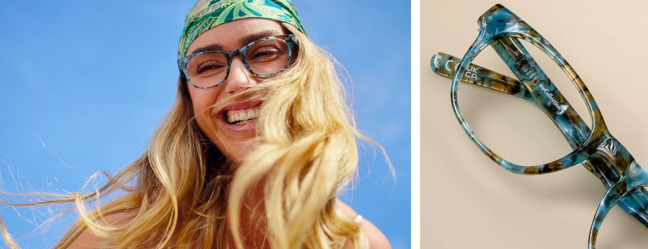 Photo of model smiling wearing pair of Seaglass Sands frames as well as close-up of the frame