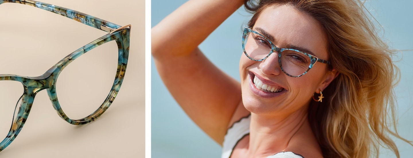 Photo of model smiling wearing pair of Seaglass Sands frames as well as close-up of the frame