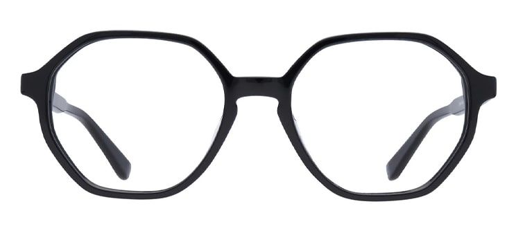 A black acetate frame with vaguely octagonal lenses