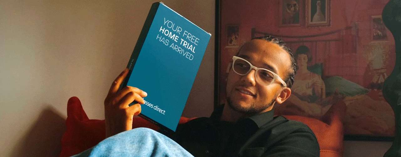 Four glasses frames in a Glasses Direct Home Trial box shown by Perri Kiely