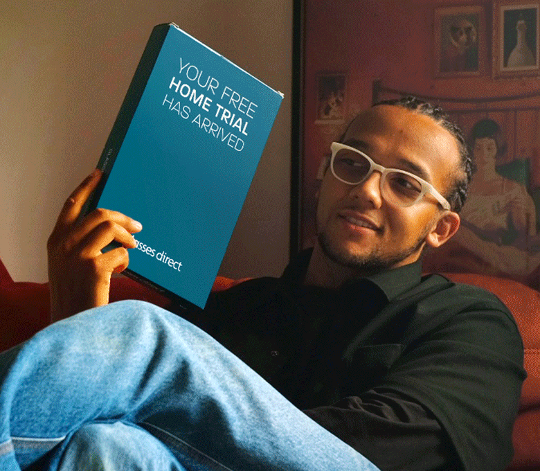 Four glasses frames in a Glasses Direct Home Trial box shown by Perri Kiely