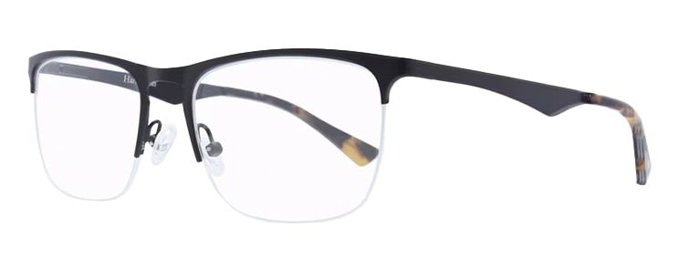 A semi-rimless rectangular frame made of matte black metal with tortoiseshell acetate tips and rubber nose pads.