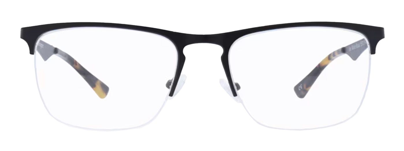 A large semi-rimless rectangular frame, propped open. It is made of matte-black metal with plastic tortoiseshell-coloured tips. It has clear rubber nose pads attached and features a keyhole bridge.
