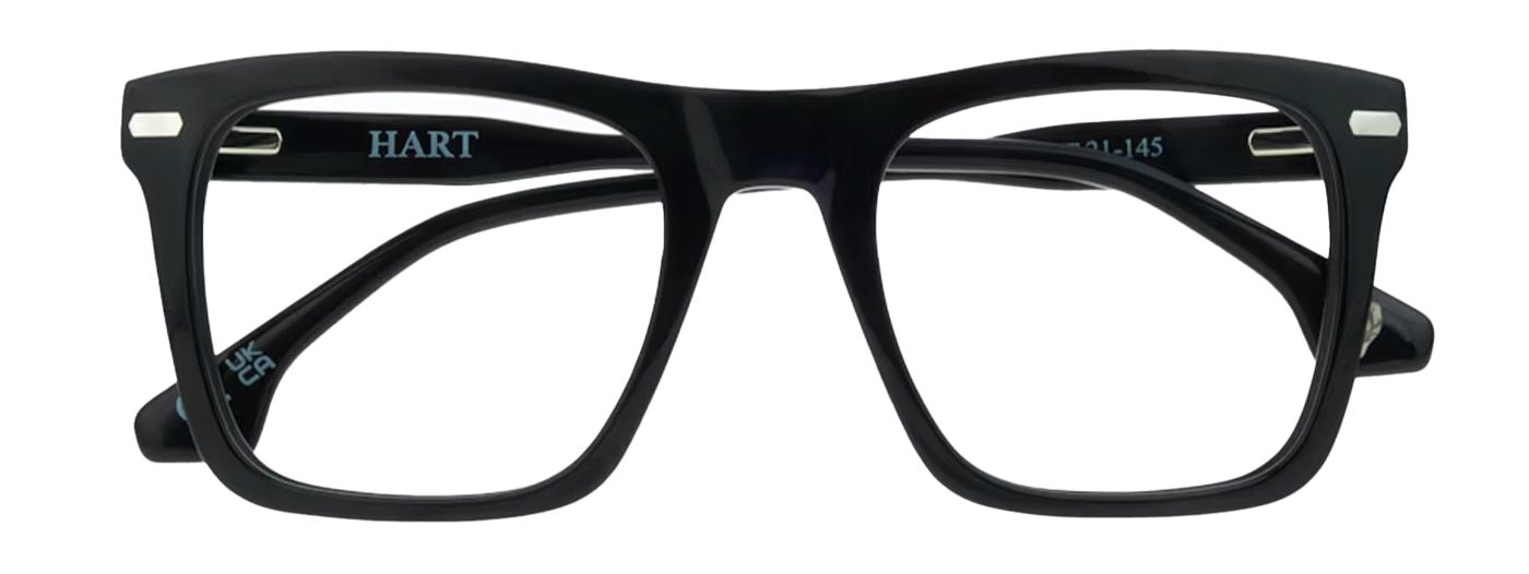 A large square acetate frame, folded up. It is black in colour with silver pin detailing.