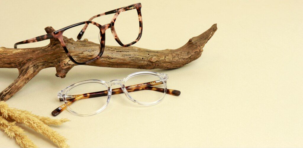 Two pairs of sustainable Arden eyeglass frames are displayed in a nature-inspired arrangement on a soft beige background. A pink tortoiseshell oversized rectangular frame rests on a piece of weathered driftwood, while a clear round frame with tortoiseshel