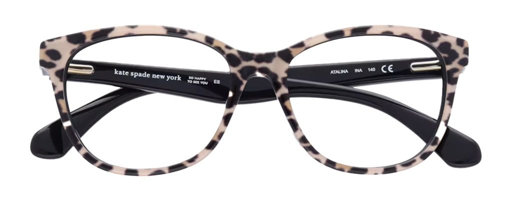 A folded-up rectangular frame with a leopard print front and black temples.