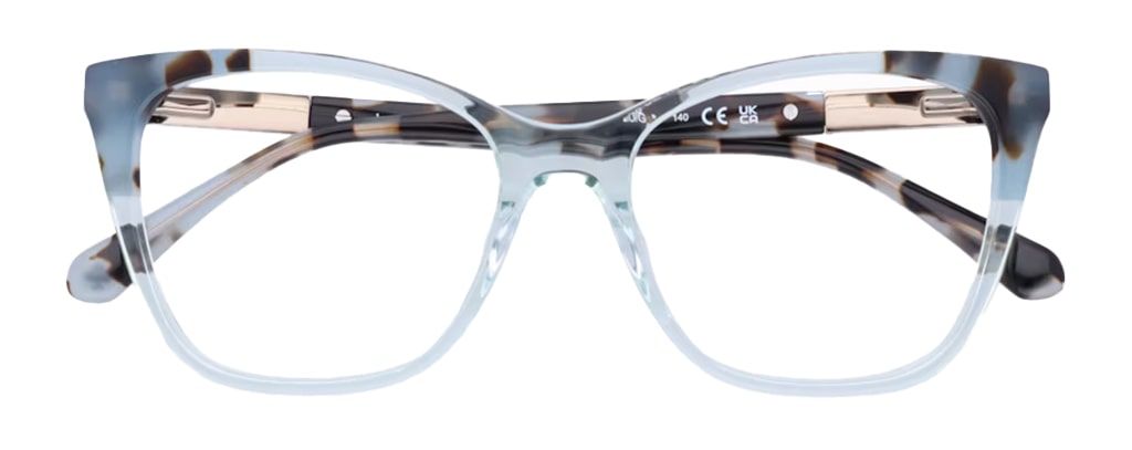 A classic cat-eye frame in a transparent light-blue colour with gold hinges and a bold tortoise print along the top and sides. The frame is folded up.