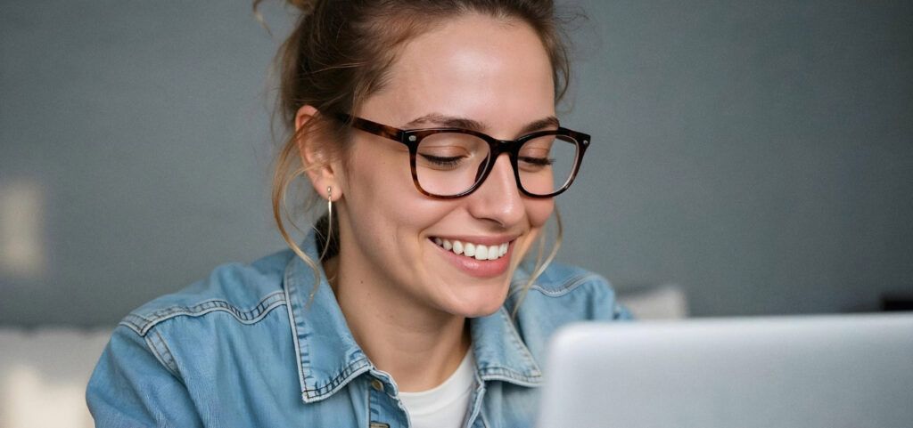 A close shot of a young lady in a bright indoor setting. She is smiling brightly and has her blonde hair tied back. She is wearing a pair of tortoiseshell glasses and a denim shirt over a white t-shirt. The edge of a laptop is blurred in the foreground.