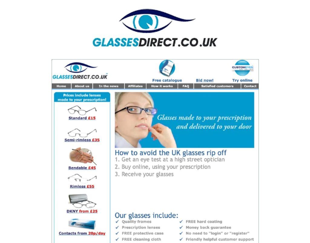 Glasses Direct logo from 2004 and the site at the time