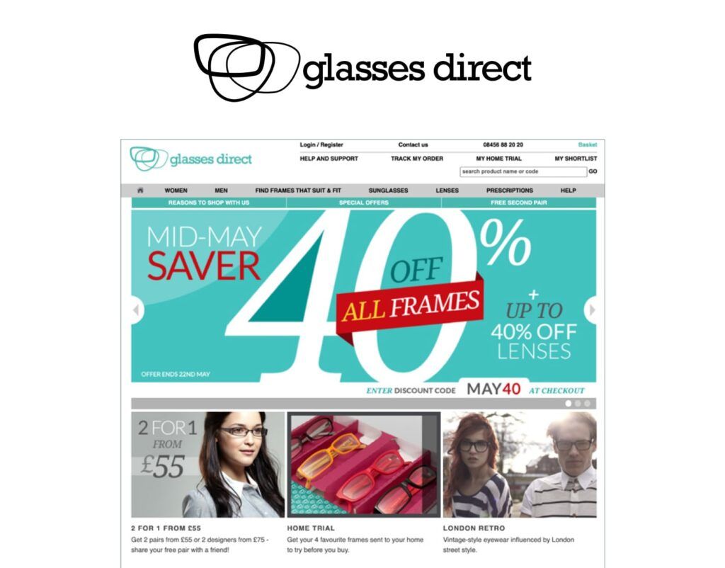Glasses Direct logo from 2008 and the site at the time