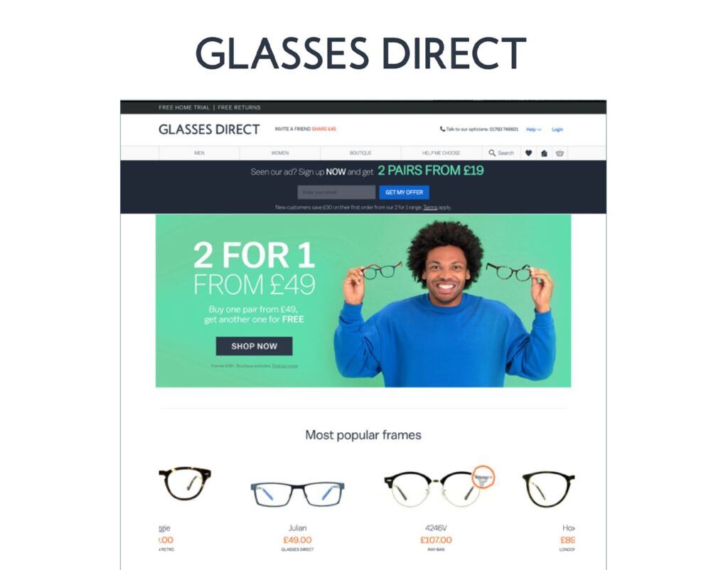 Glasses Direct logo from 2017 and the site at the time