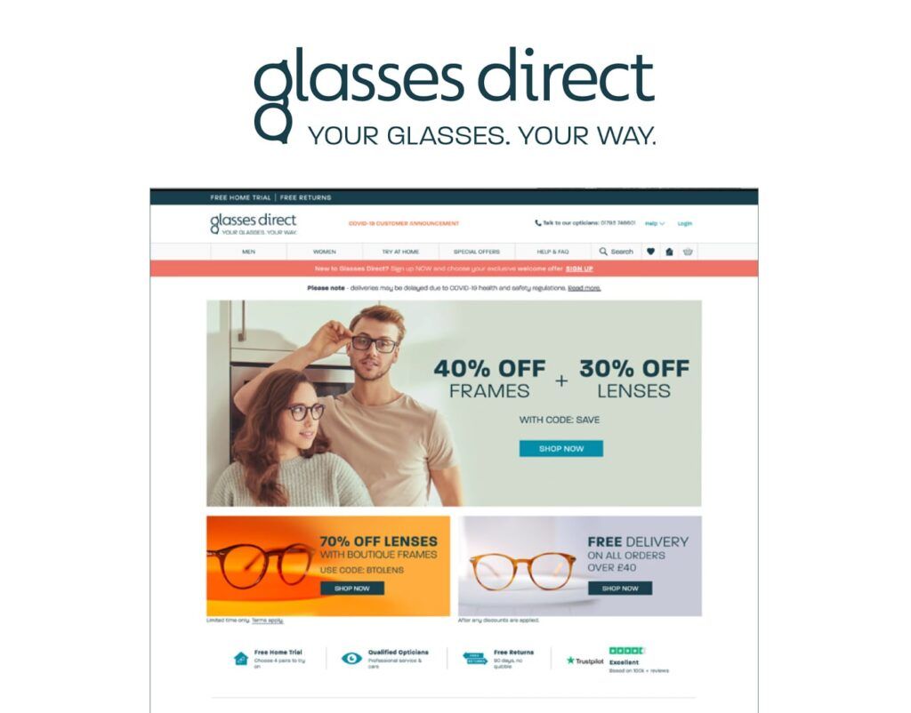 Glasses Direct logo from 2020 and the site at the time