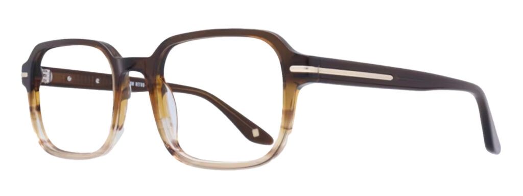 Oval-shaped glasses made of acetate in a gradient brown with a metal bar along the temples. The frame is propped open to one side.
