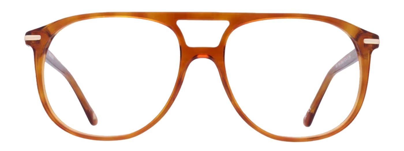 A large pilot-shaped frame crafted from  honey-coloured acetate. It is propped open and the metal bar along the temples is just visible.