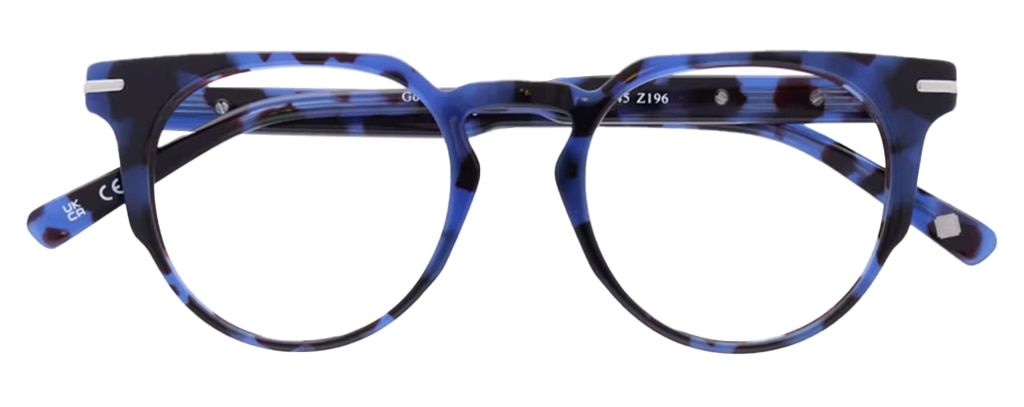 A geometric-shaped acetate frame in a bright-blue Havana. It has a large keyhole bridge. The metal accents along the temples are just visible from where the frame is folded up.
