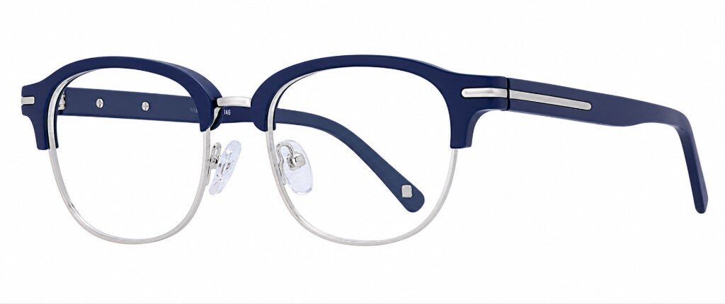 London Retro Grange square browline glasses in deep navy acetate with silver metal lower rims and slim temples, shown from an angled side view against a white background, highlighting a classic silhouette with a rich autumn-inspired colour combination.