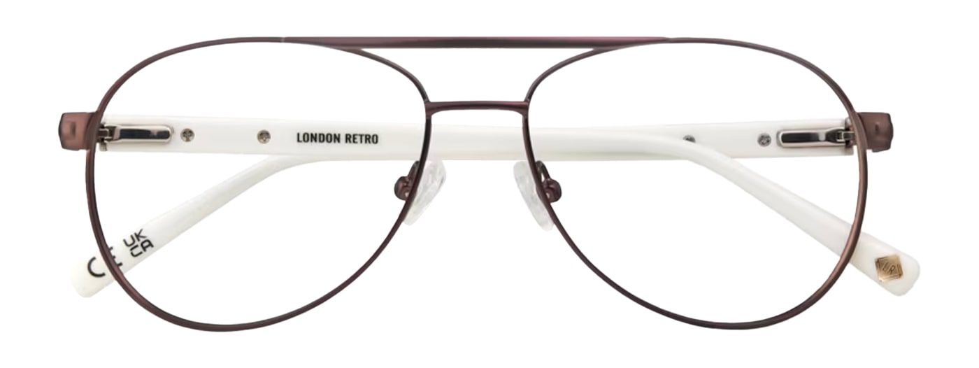 A pilot-style frame in a matte brown colour with white plastic temples and rubber nose pads. The frame is in a folded-up position.
