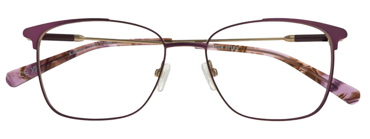 A dark-purple rectangular frame made of metal, folded up. It is medium in size and has clear rubber nose pads. The plastic temple tips come in a vibrant purple Havana print.