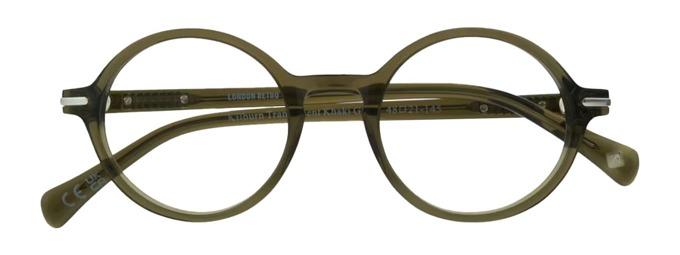 A khaki-green transparent frame made of acetate. It has a classic round shape with a keyhole bridge. The frame is neatly folded up.