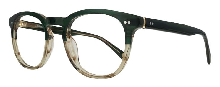 A square acetate frame which is dark green at the top and clear brown at the bottom. It has a keyhole bridge and silver pin detailing. The frame is positioned at an angle.
