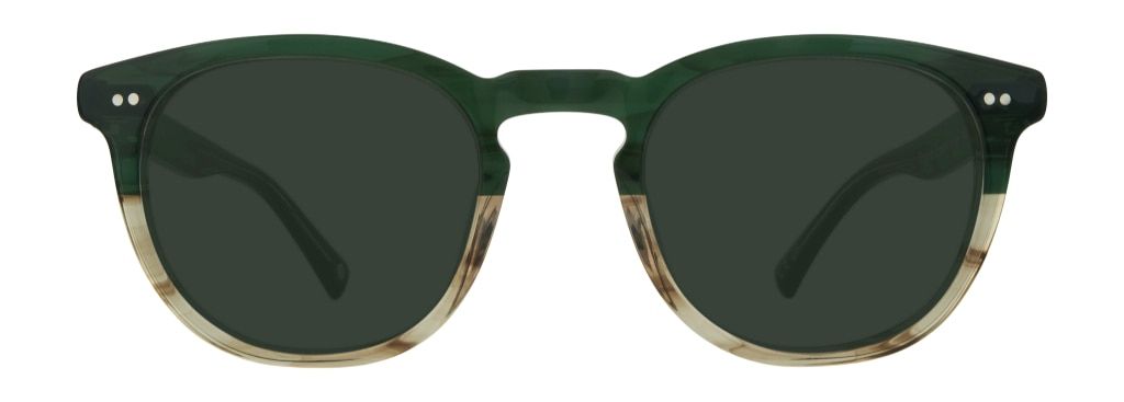 Square sunglasses with D-shaped lenses and a keyhole bridge. Made of acetate with a green and beige mixed aesthetic.