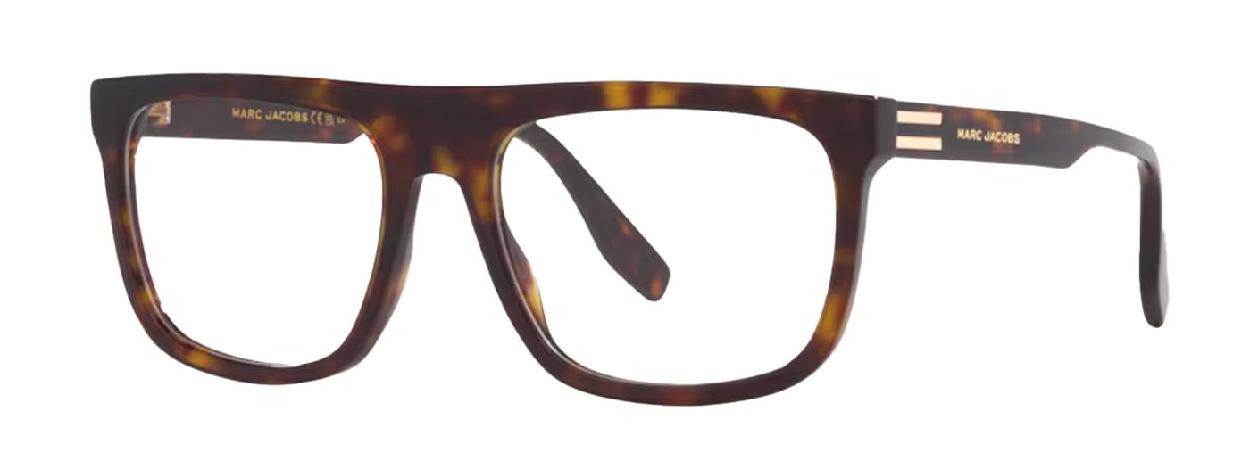 A large angular acetate Marc Jacobs frame in tortoiseshell. The frame is propped open to one side.