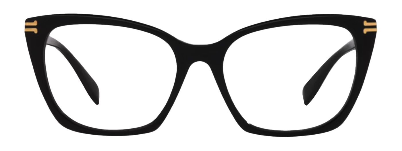 A black cat-eye frame made of acetate, propped open. It is medium in size and has the letter 'J' embellished horizontally twice in gold along each of the temples.