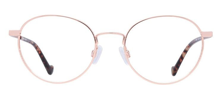 A rose-gold metal frame with round lenses and acetate temple tips