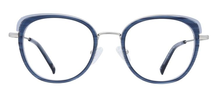 A frame with large rounded lenses surrounded by blue acetate, with a silver metal bridge and arms