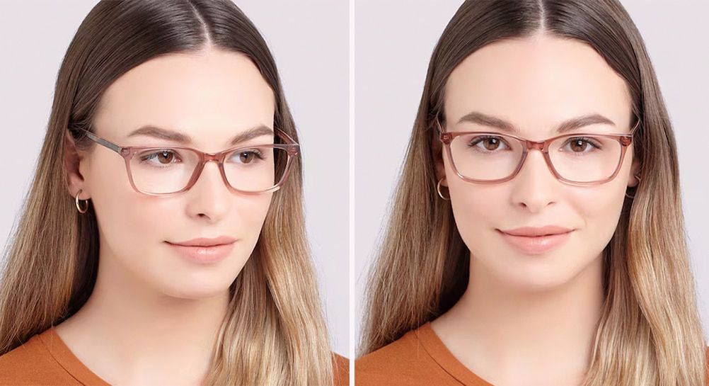 Two close-up shots of a young lady with long mousy brown hair, one from the side and one from the front. She is wearing a slim pair of light-brown rectangular glasses.