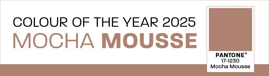 Pantone Colour of the Year 2025 Mocha Mousse banner with the colour swatch to one side.