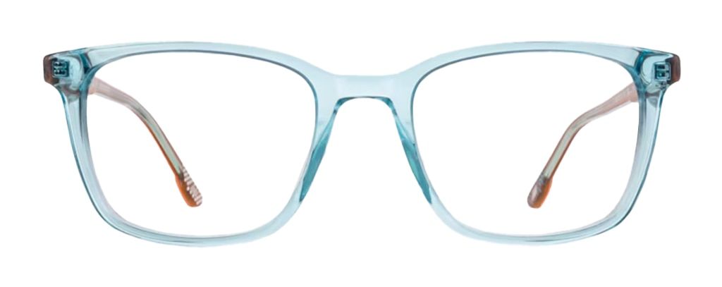 A sporty New Balance frame made of  eco-friendly acetate. It comes in a transparent green colour and has bright orange and black temples.