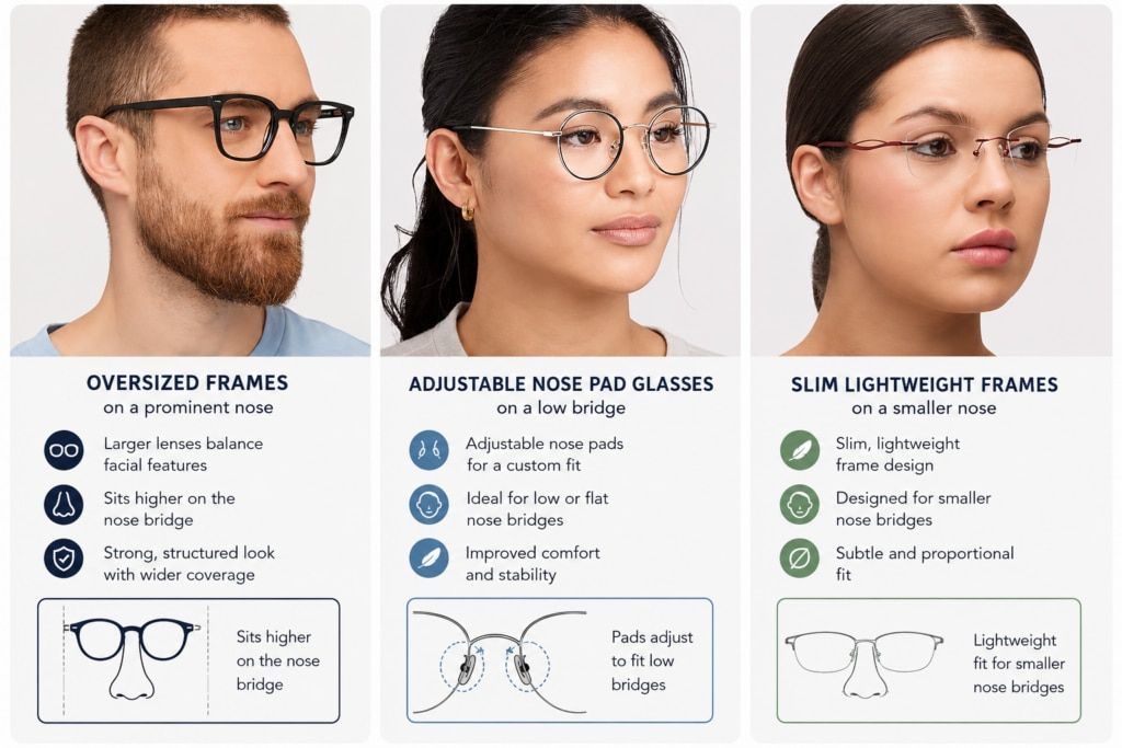Three-panel infographic comparing glass frame styles for different nose bridge shapes.

Left panel: A man with short light-brown hair and a beard wearing bold black oversized frames. Heading: “Oversized Frames on a Prominent Nose.” Benefits listed include